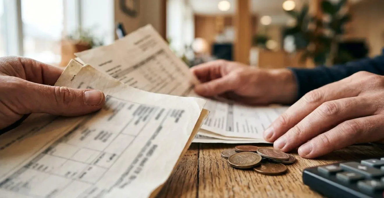 Mani che tengono documenti finanziari con calcolatrice e grafici sfocati sullo sfondo