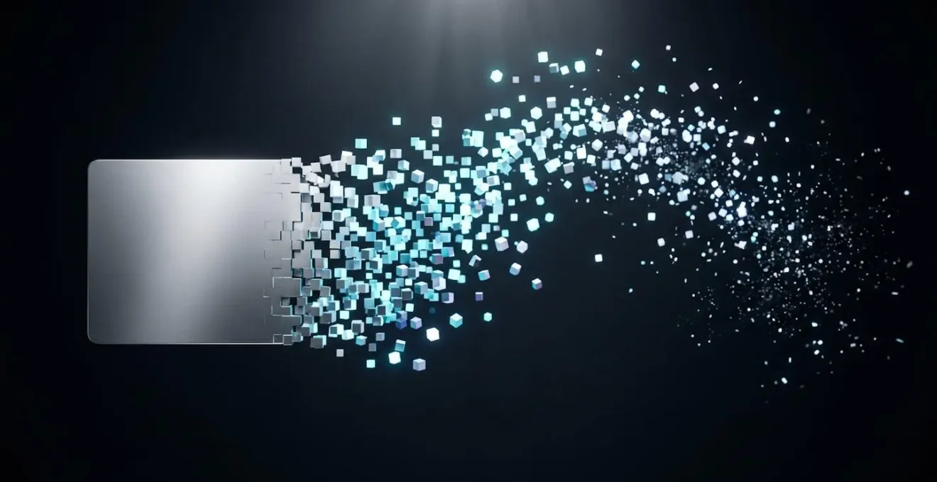 Carta di pagamento virtuale che si dissolve in pixel digitali simboleggiando sicurezza temporanea