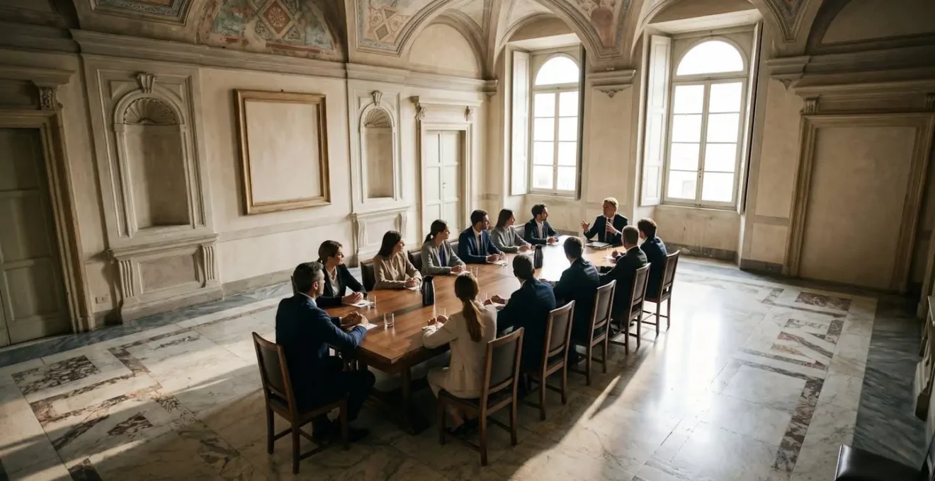 Gruppo di investitori professionali in riunione in un palazzo storico italiano per discutere opportunità di investimento