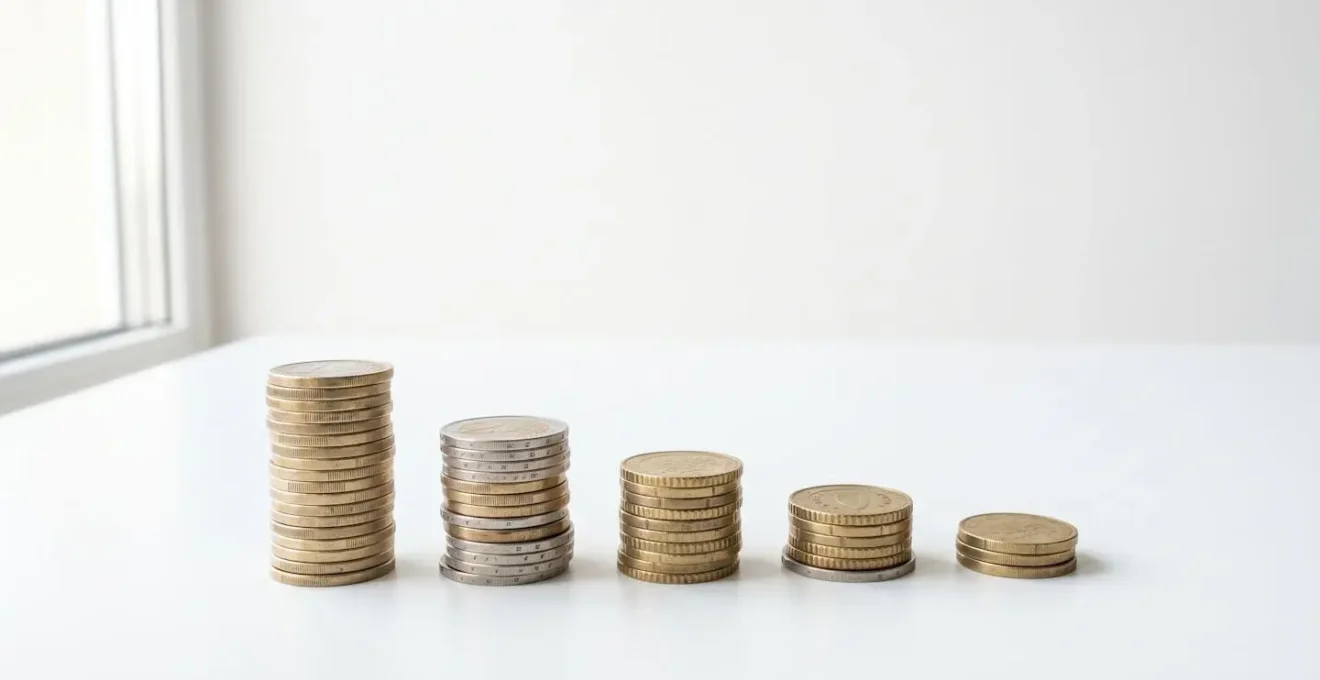 Composizione minimalista di monete euro disposte in file decrescenti su superficie bianca