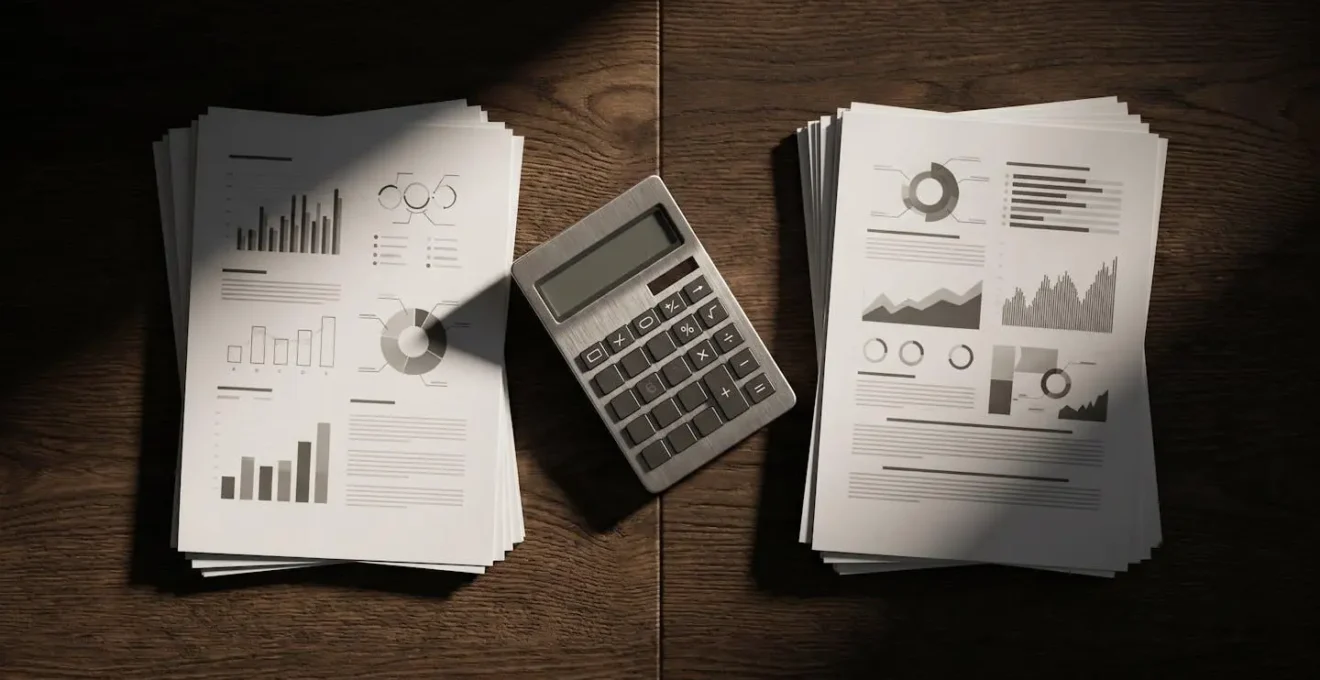 Composizione simbolica con documenti finanziari e calcolatrice su tavolo
