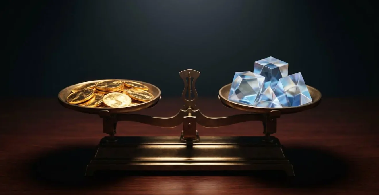 Bilancia simbolica tra oro fisico e strumenti finanziari digitali