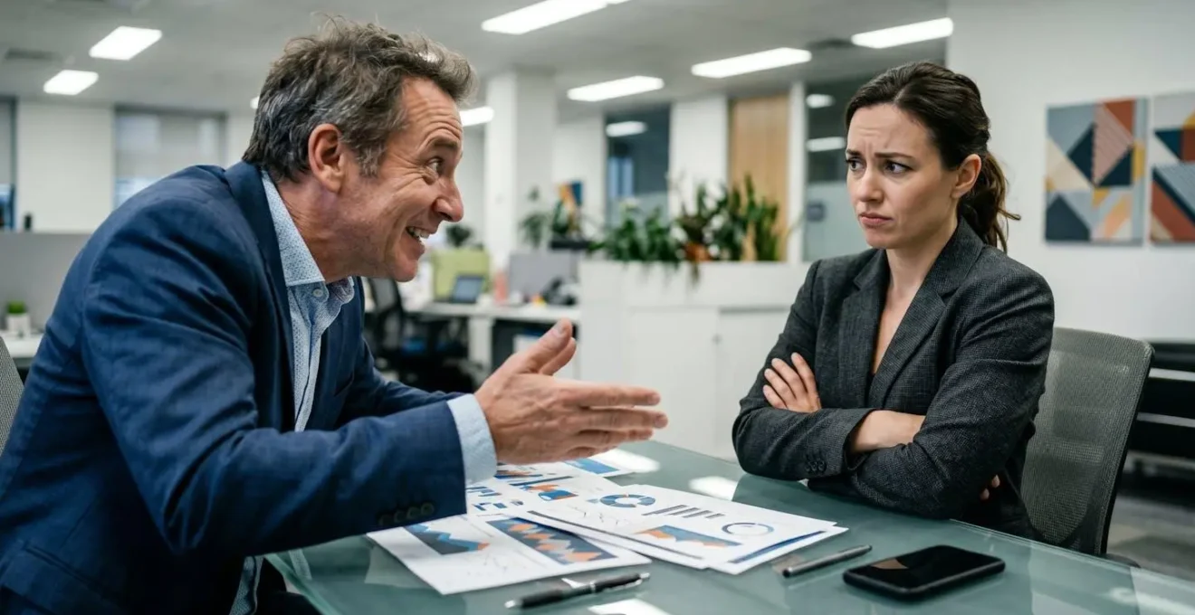 Scena di un consulente che mostra documenti a un cliente con espressione preoccupata