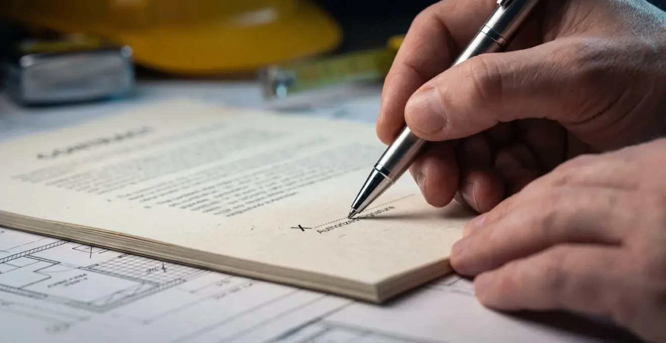 Mani che firmano contratto d'appalto con documenti tecnici sul tavolo