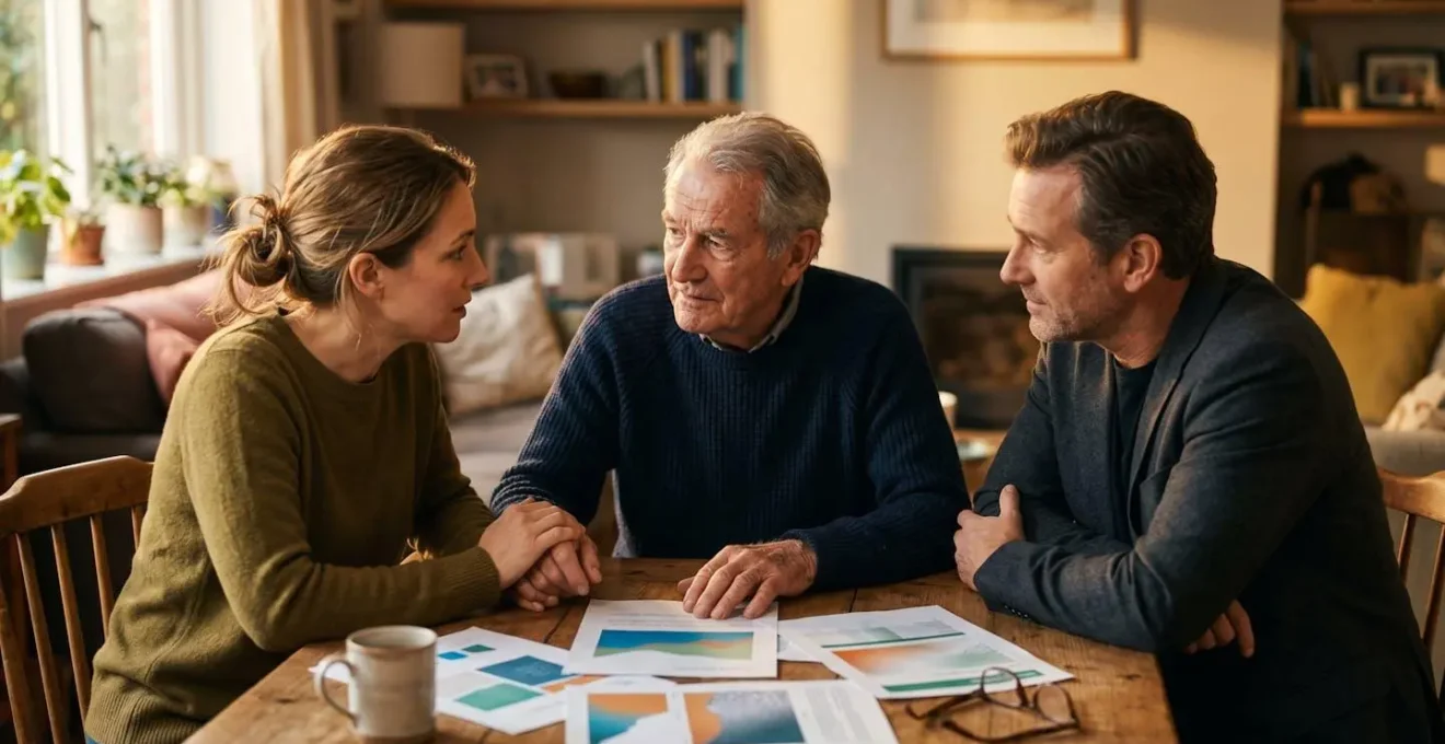Famiglia multigenerazionale riunita attorno a un tavolo con documenti finanziari