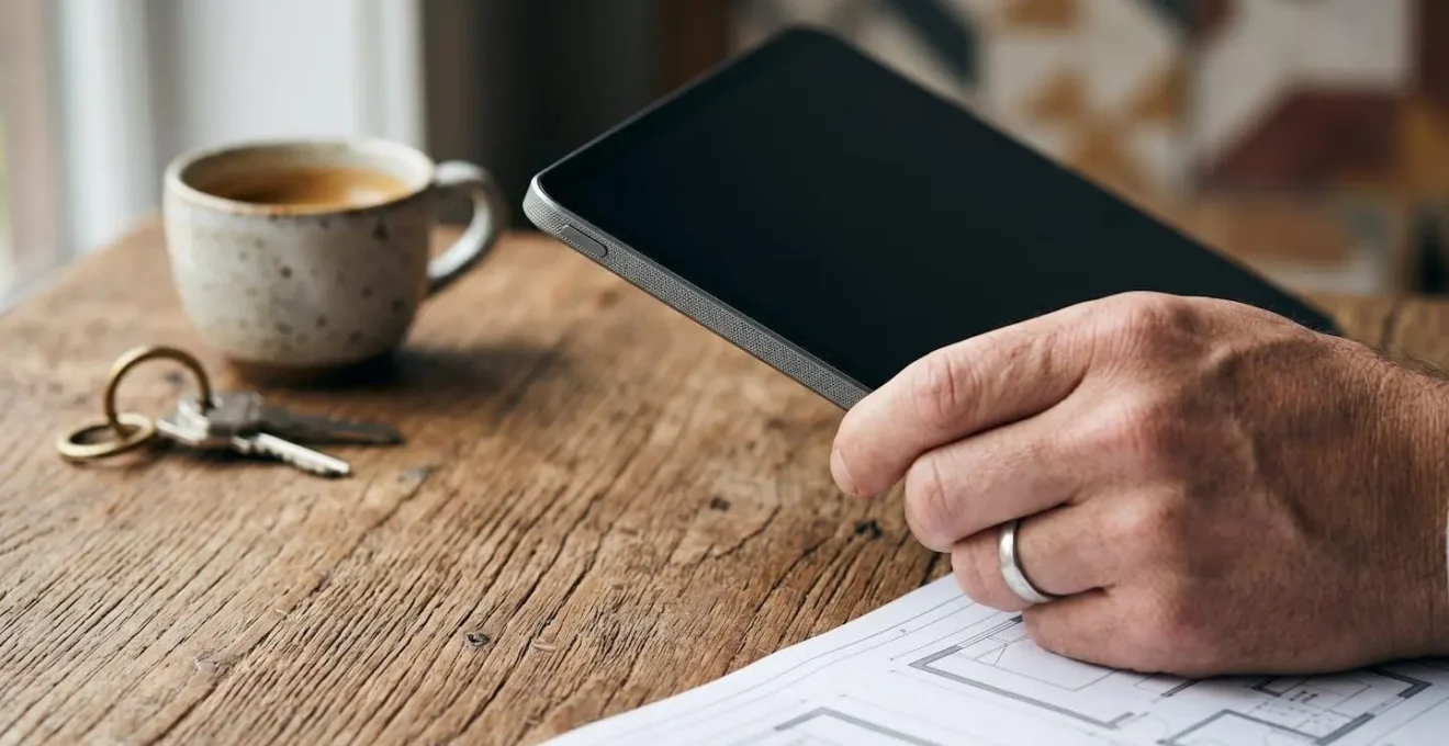 Proprietario analizza rendimenti immobiliari con grafici energetici su tablet in casa moderna