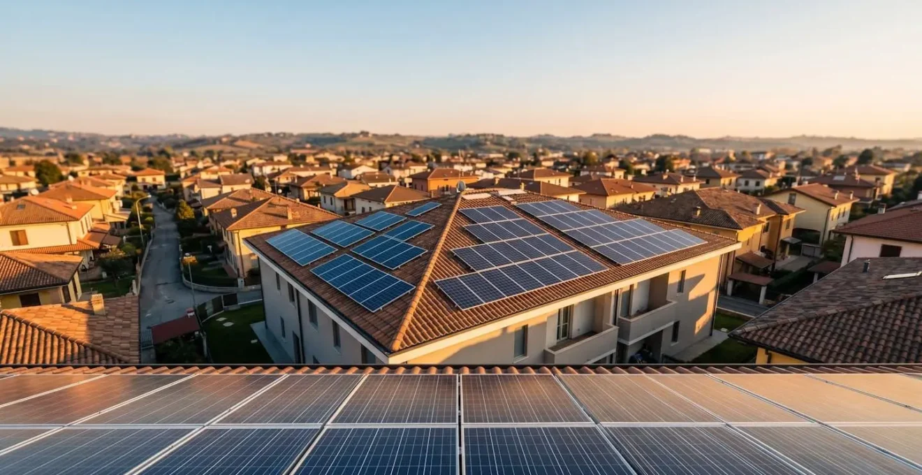 Tetto con pannelli fotovoltaici su villa italiana al tramonto con sistema di accumulo energia