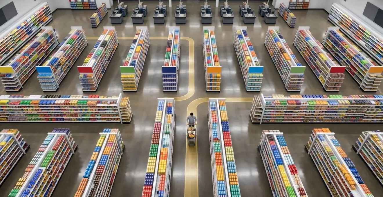Vista dall'alto di un supermercato con percorso ottimizzato evidenziato