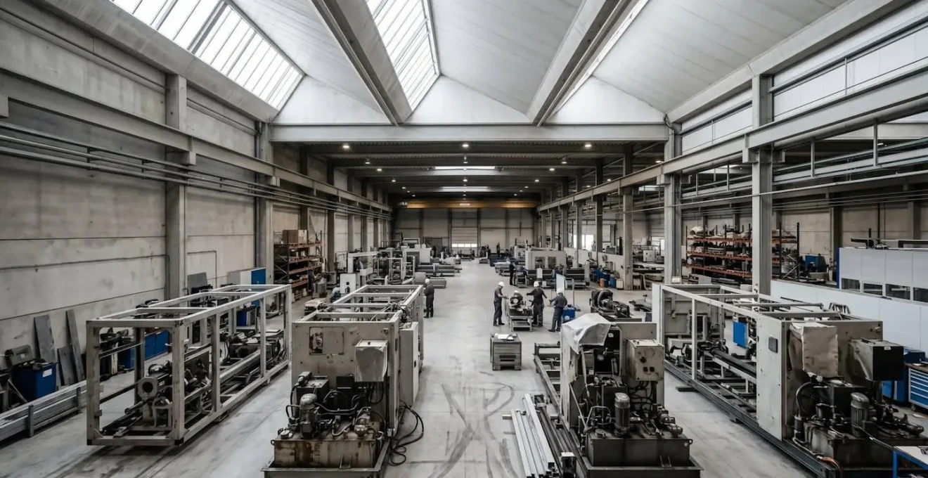 Vista ambientale di officina industriale con macchinari in fase di modernizzazione e upgrade tecnologico
