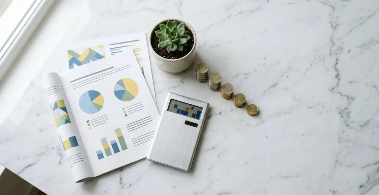 Vista dall'alto di documenti finanziari con grafici colorati e una calcolatrice