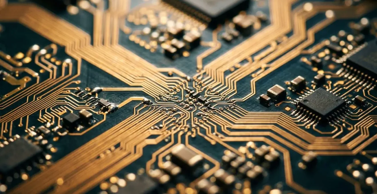 Vista macro di una scheda di circuito bancario con dettagli dorati e percorsi elettronici