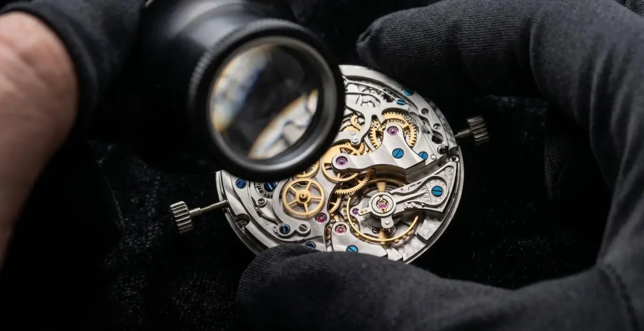 Esperto valuta orologio di lusso con lente di ingrandimento